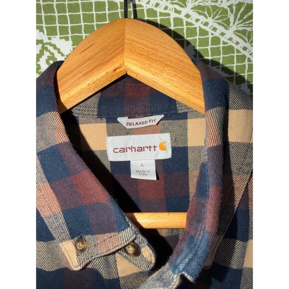 Carhartt Relaxed Fit Plaid Flannel Shirt Navy Maroon Tan Men's Size L - Picture 3 of 5